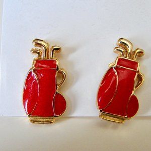 Earrings Golf Clubs Golf Bag Golfing Red Gold Enamel Stud Earrings